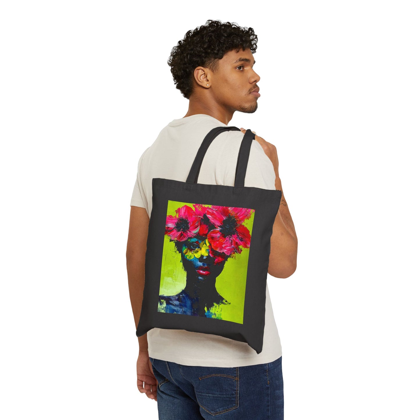 Floral Crown Canvas Tote — Colorful Art Portrait Eco Grocery Bag
