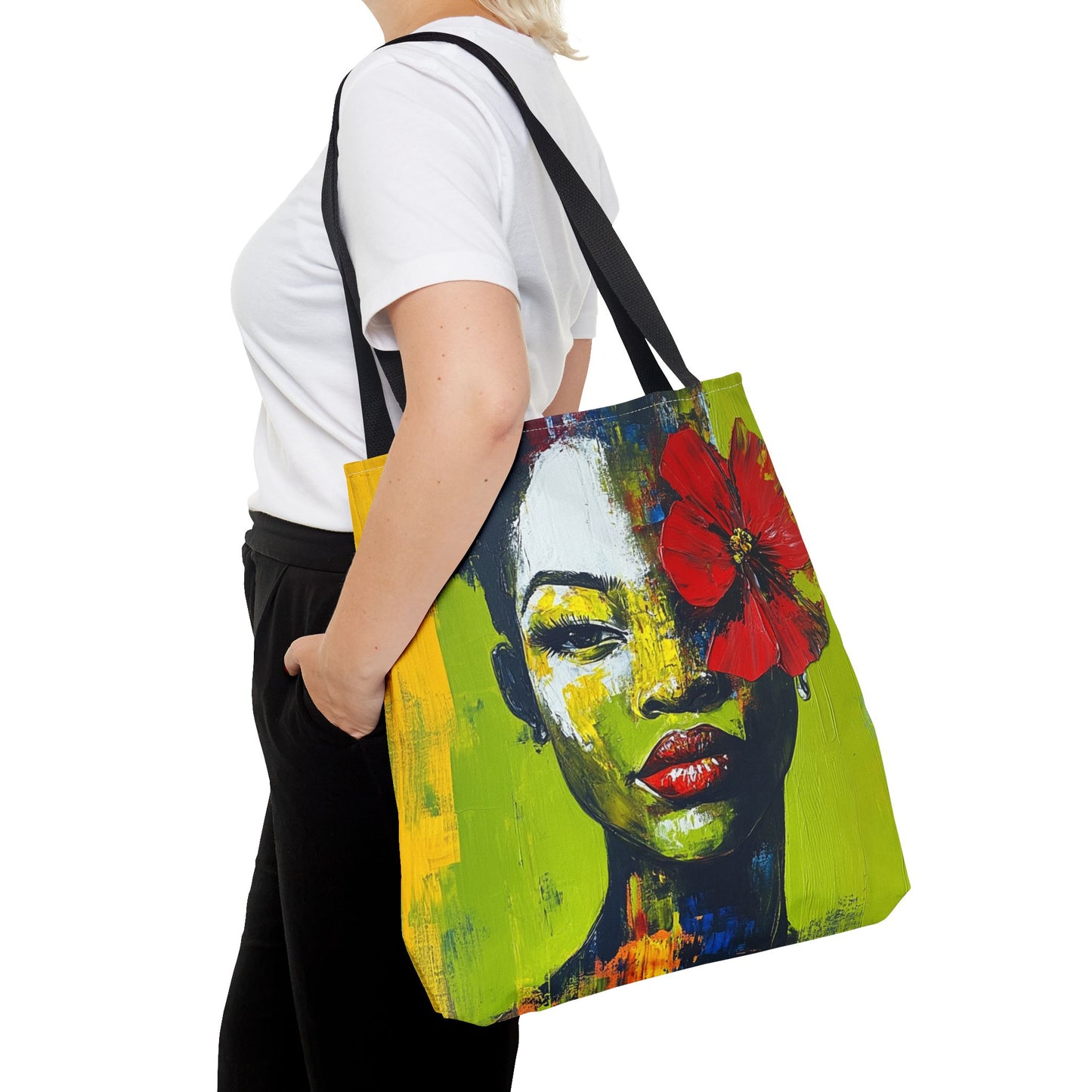 Artistic Floral Face Tote Bag – Bold Abstract Portrait with Red Flower