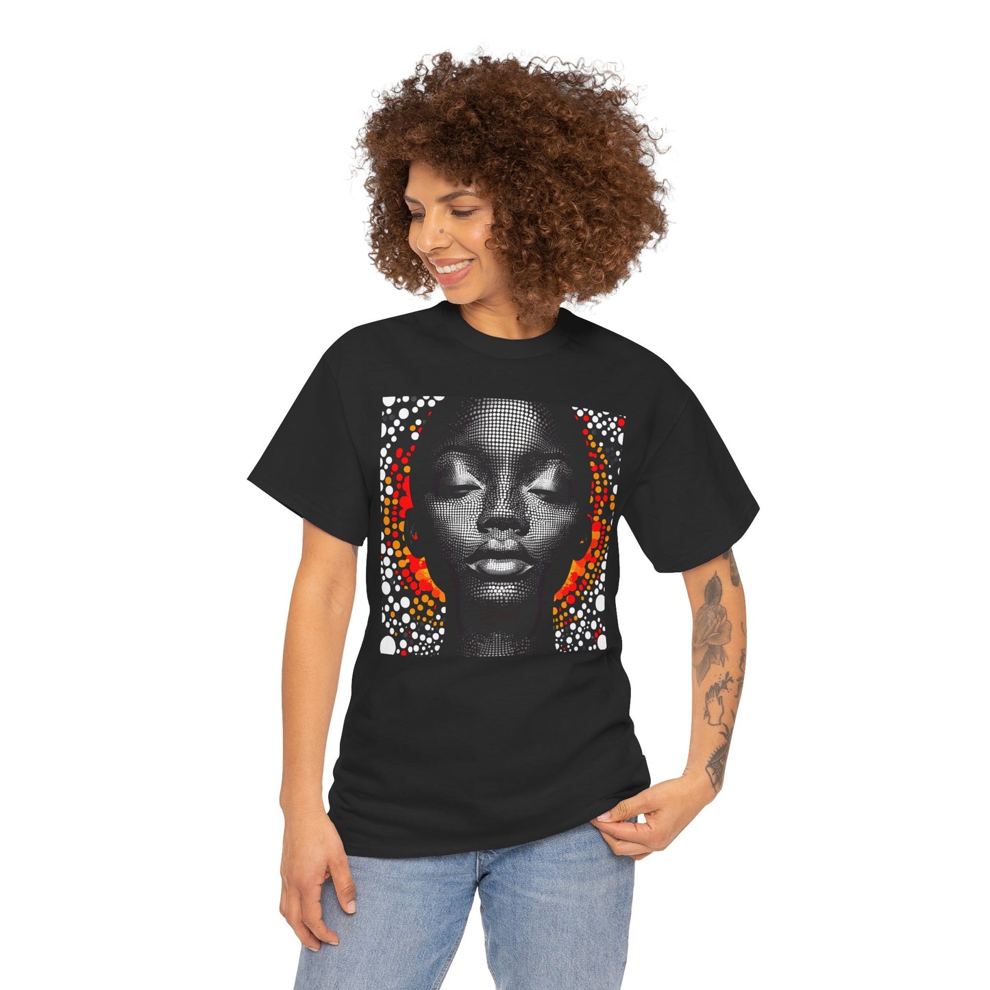 Afrocentric Dot Art Portrait Tee — Bold Black Woman Graphic T‑Shirt