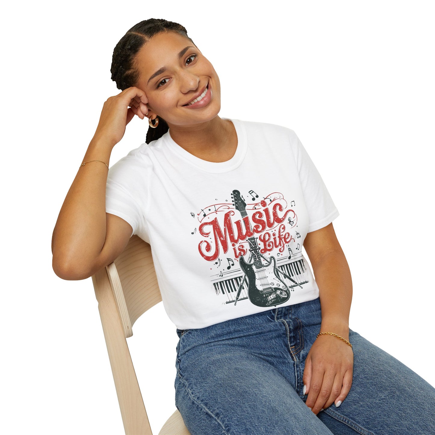 Music Is My Life Guitar T‑Shirt — Vintage Electric Guitar & Piano Music Tee