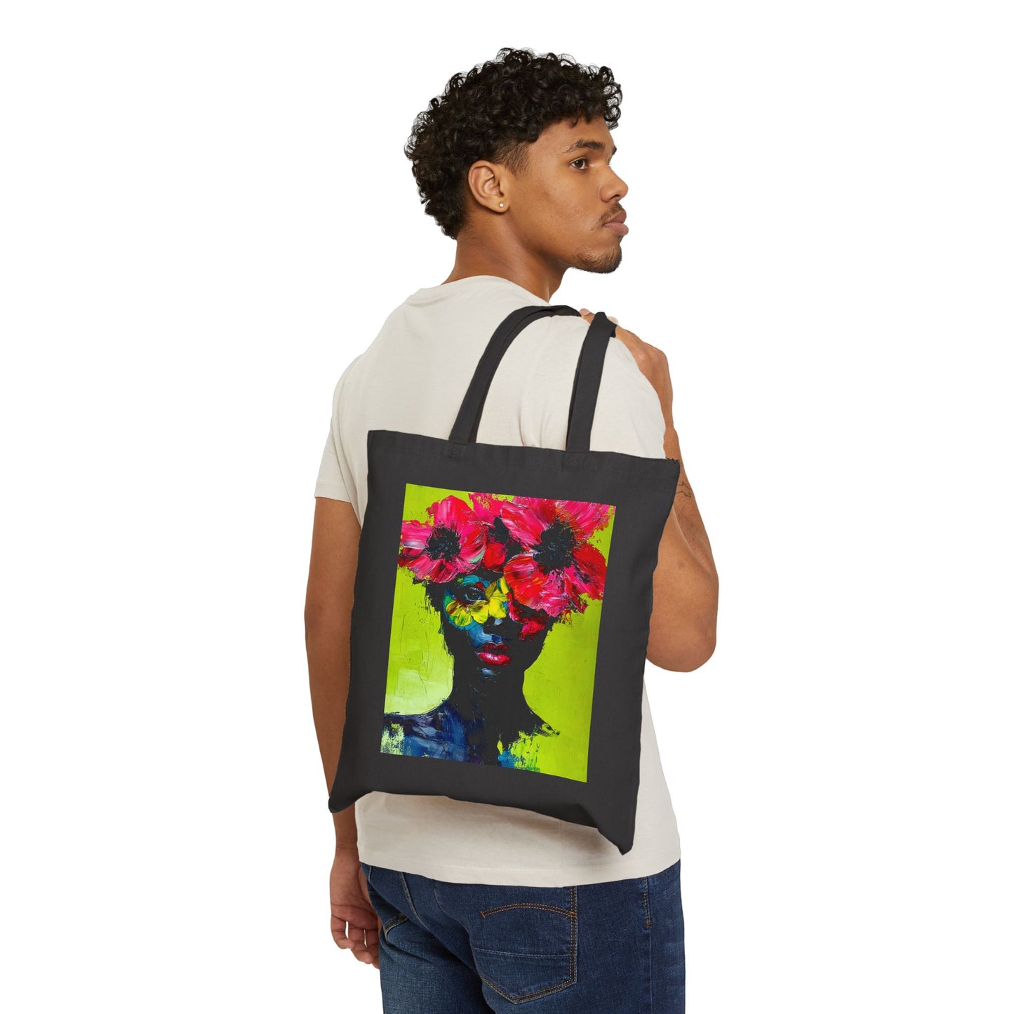 Floral Crown Canvas Tote — Colorful Art Portrait Eco Grocery Bag