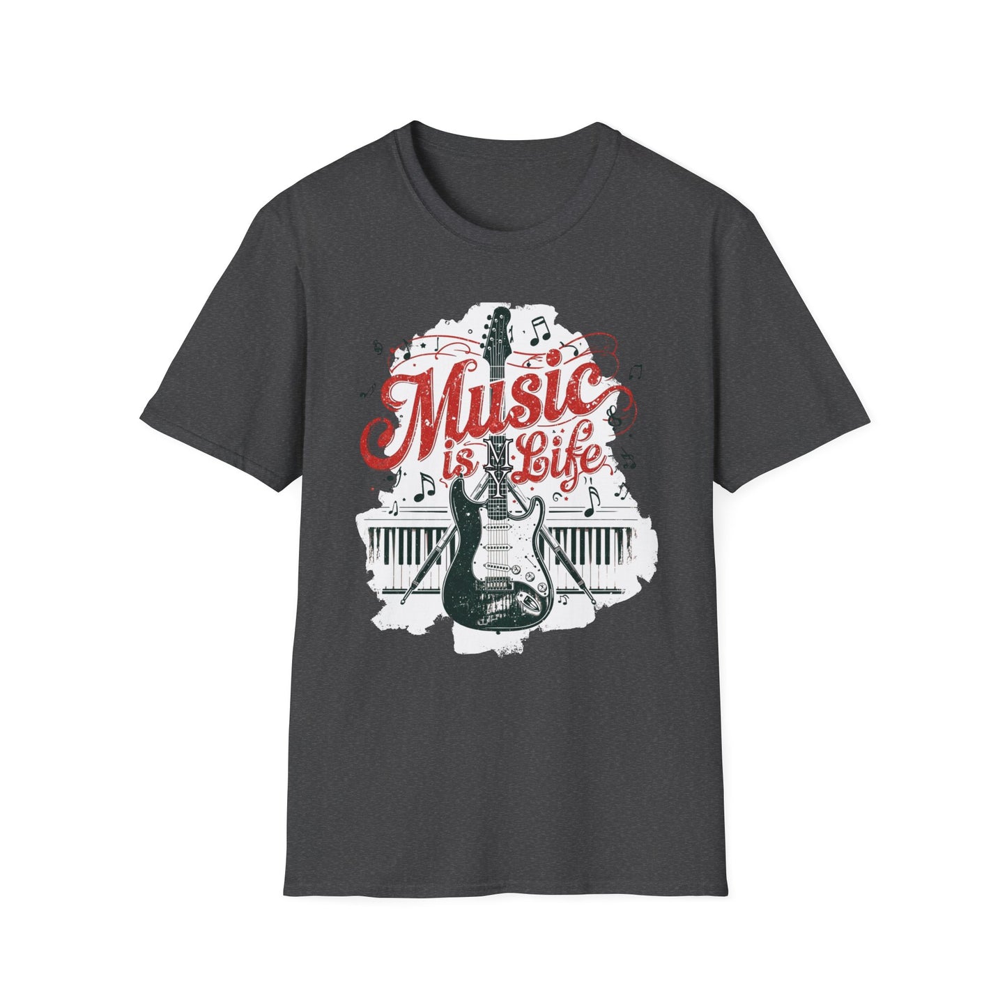 Music Is My Life Guitar T‑Shirt — Vintage Electric Guitar & Piano Music Tee