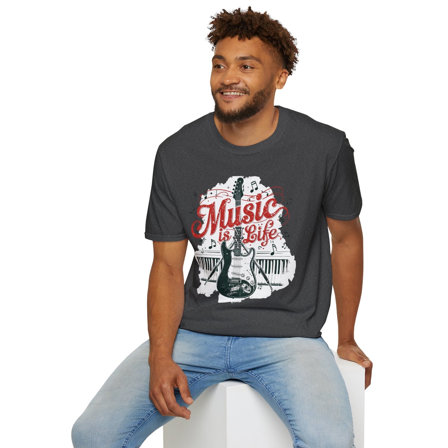 Music Is My Life Guitar T‑Shirt — Vintage Electric Guitar & Piano Music Tee