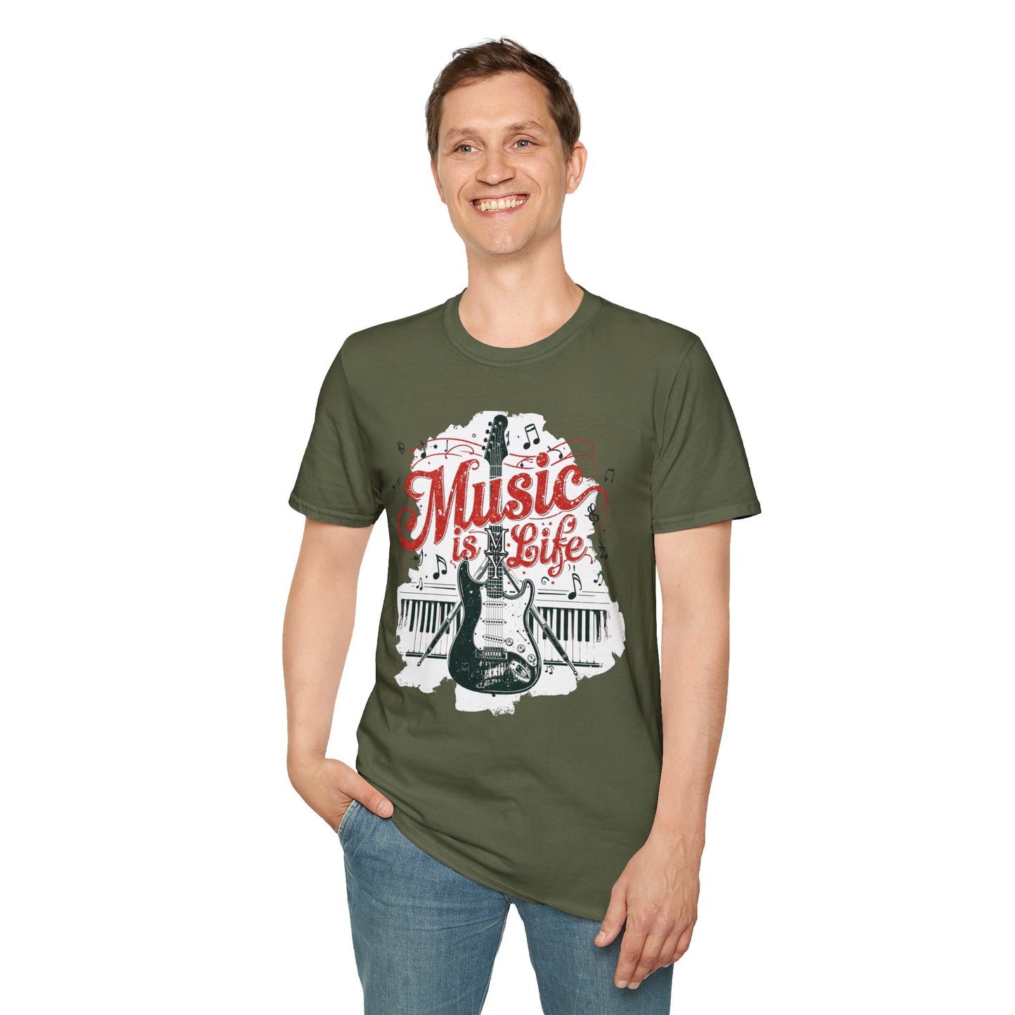 Music Is My Life Guitar T‑Shirt — Vintage Electric Guitar & Piano Music Tee