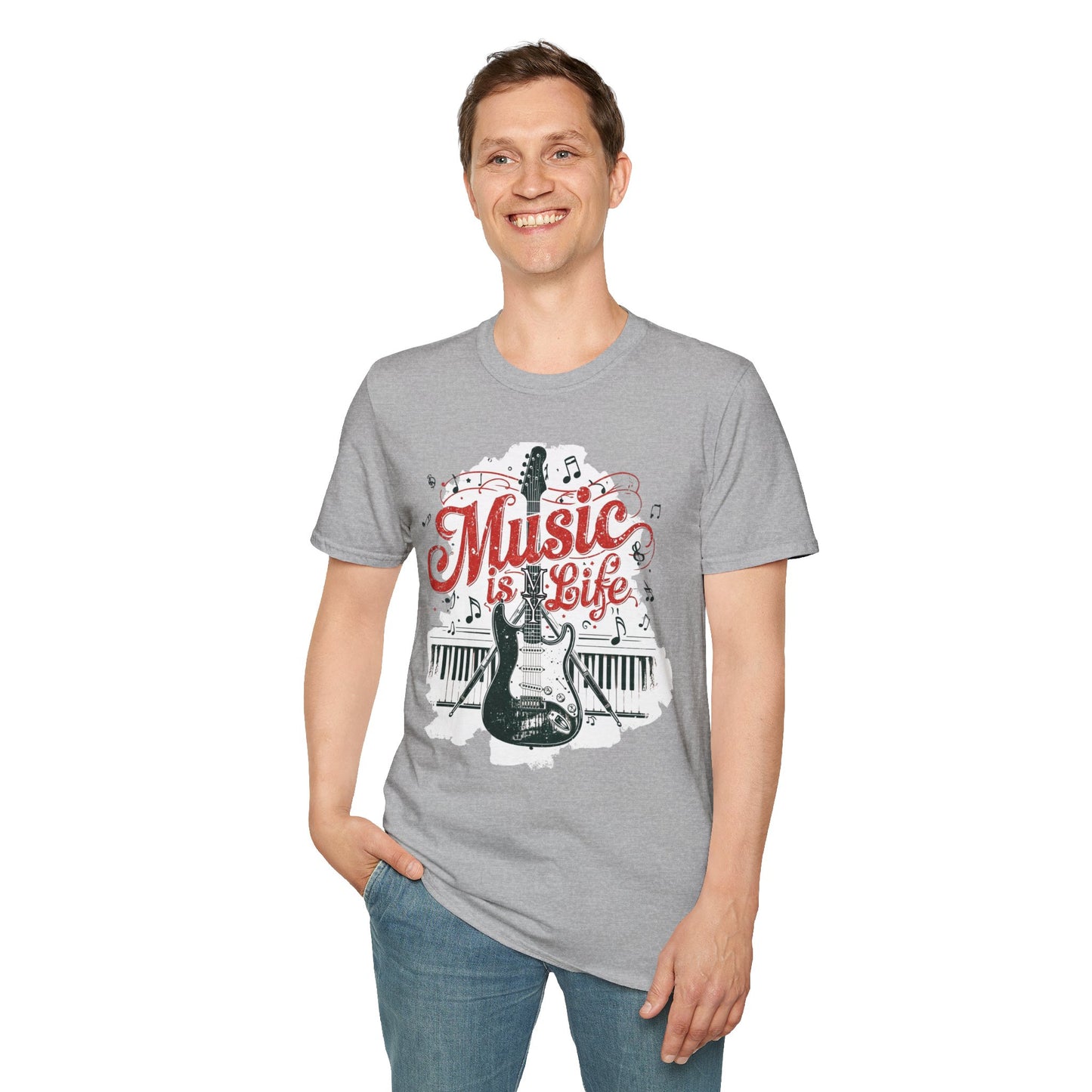 Music Is My Life Guitar T‑Shirt — Vintage Electric Guitar & Piano Music Tee