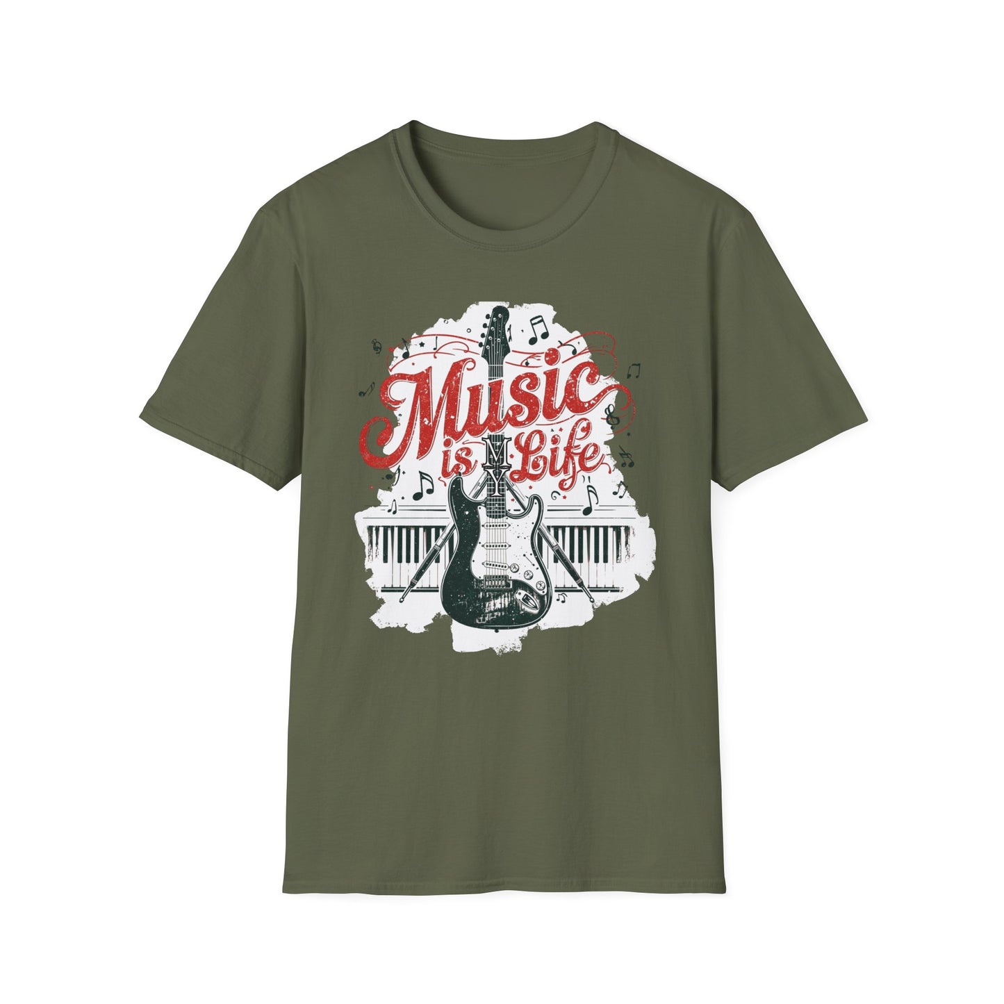 Music Is My Life Guitar T‑Shirt — Vintage Electric Guitar & Piano Music Tee