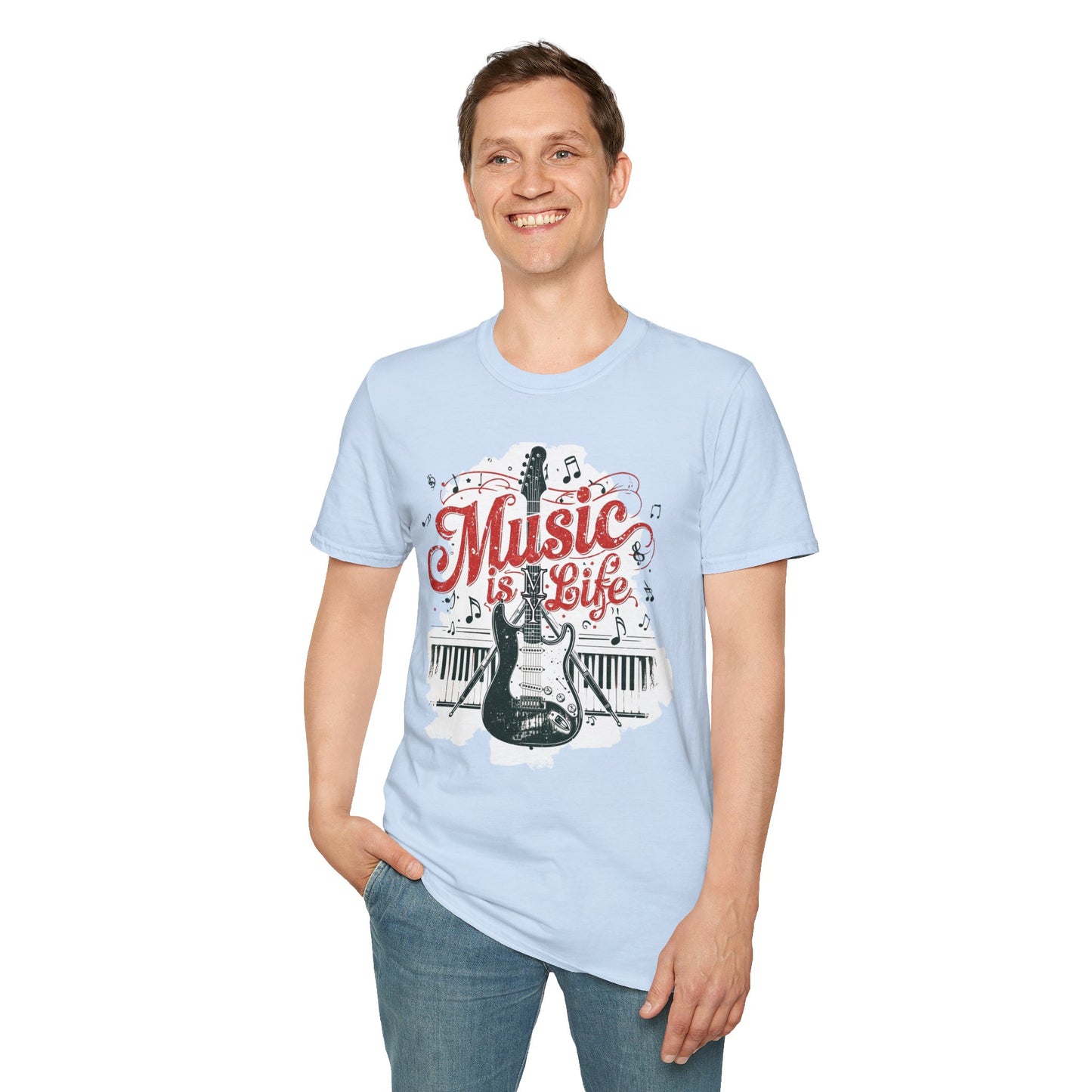 Music Is My Life Guitar T‑Shirt — Vintage Electric Guitar & Piano Music Tee