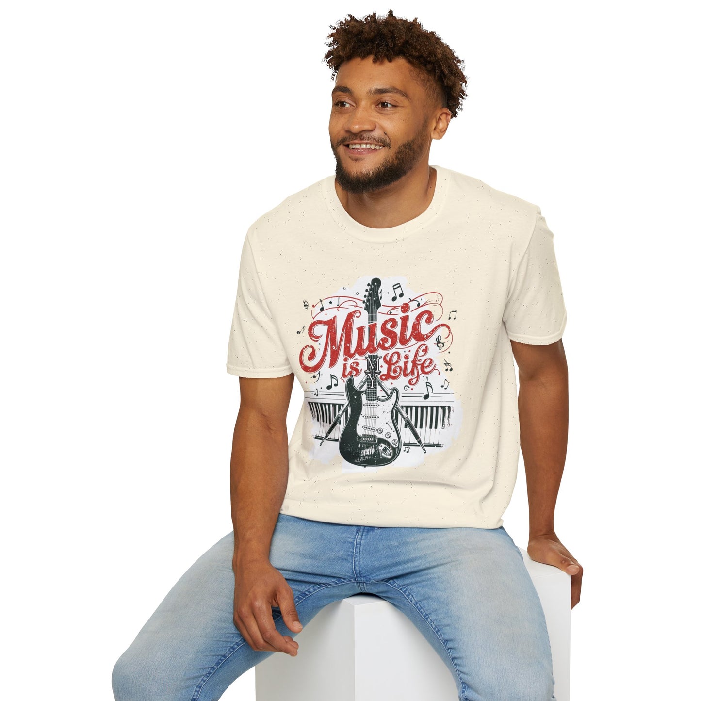 Music Is My Life Guitar T‑Shirt — Vintage Electric Guitar & Piano Music Tee