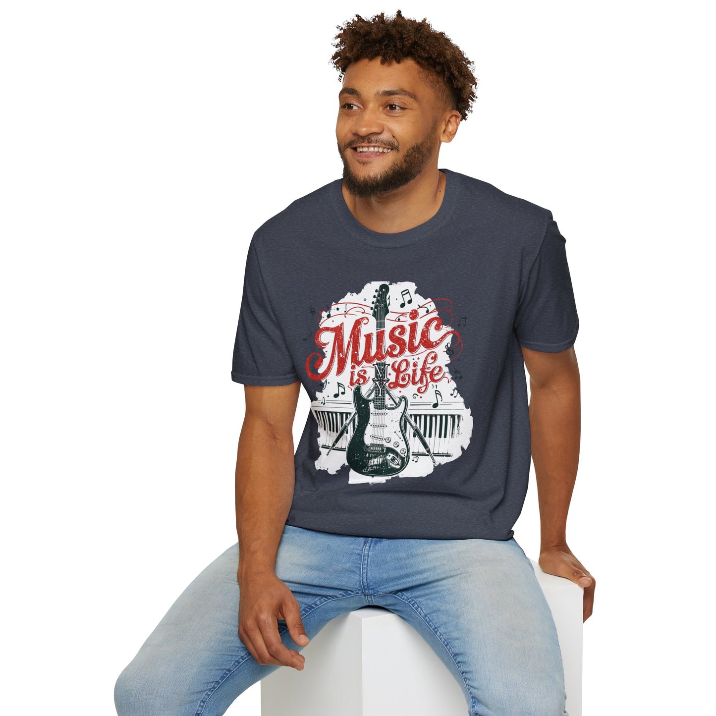 Music Is My Life Guitar T‑Shirt — Vintage Electric Guitar & Piano Music Tee