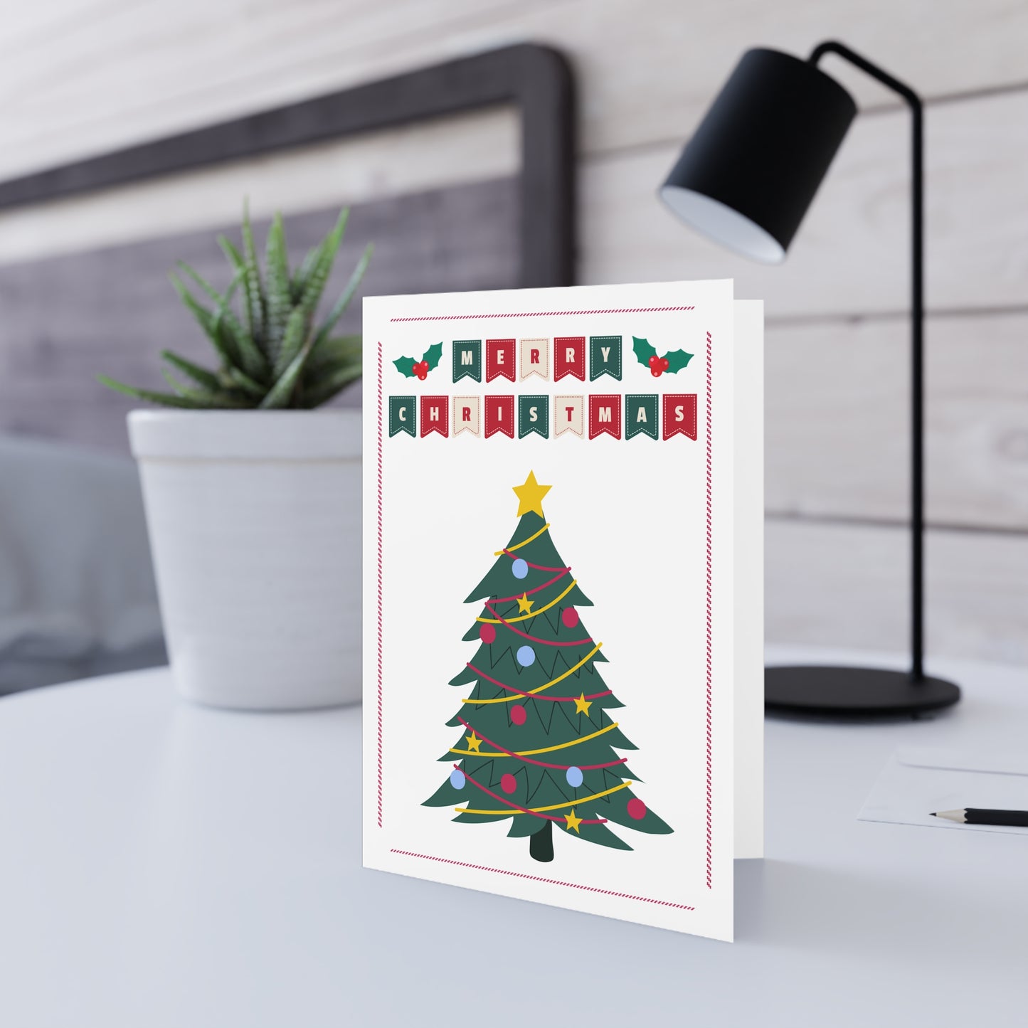 Merry Christmas Tree Greeting Card — Festive Holiday Card with Christmas Tree Design