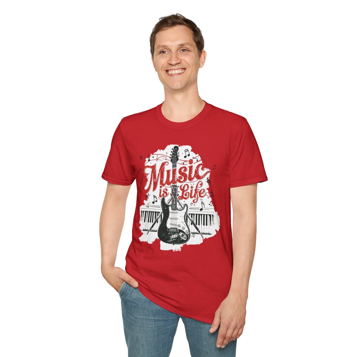Music Is My Life Guitar T‑Shirt — Vintage Electric Guitar & Piano Music Tee