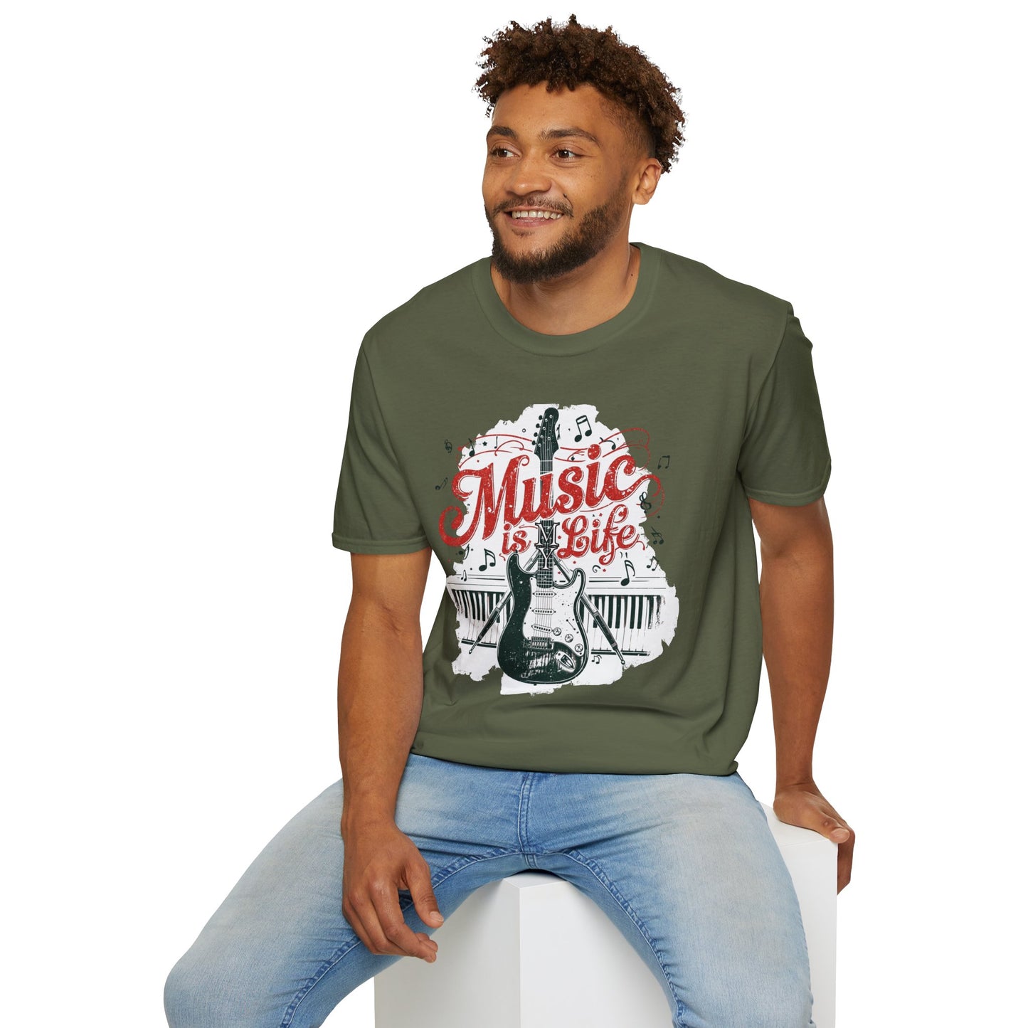 Music Is My Life Guitar T‑Shirt — Vintage Electric Guitar & Piano Music Tee