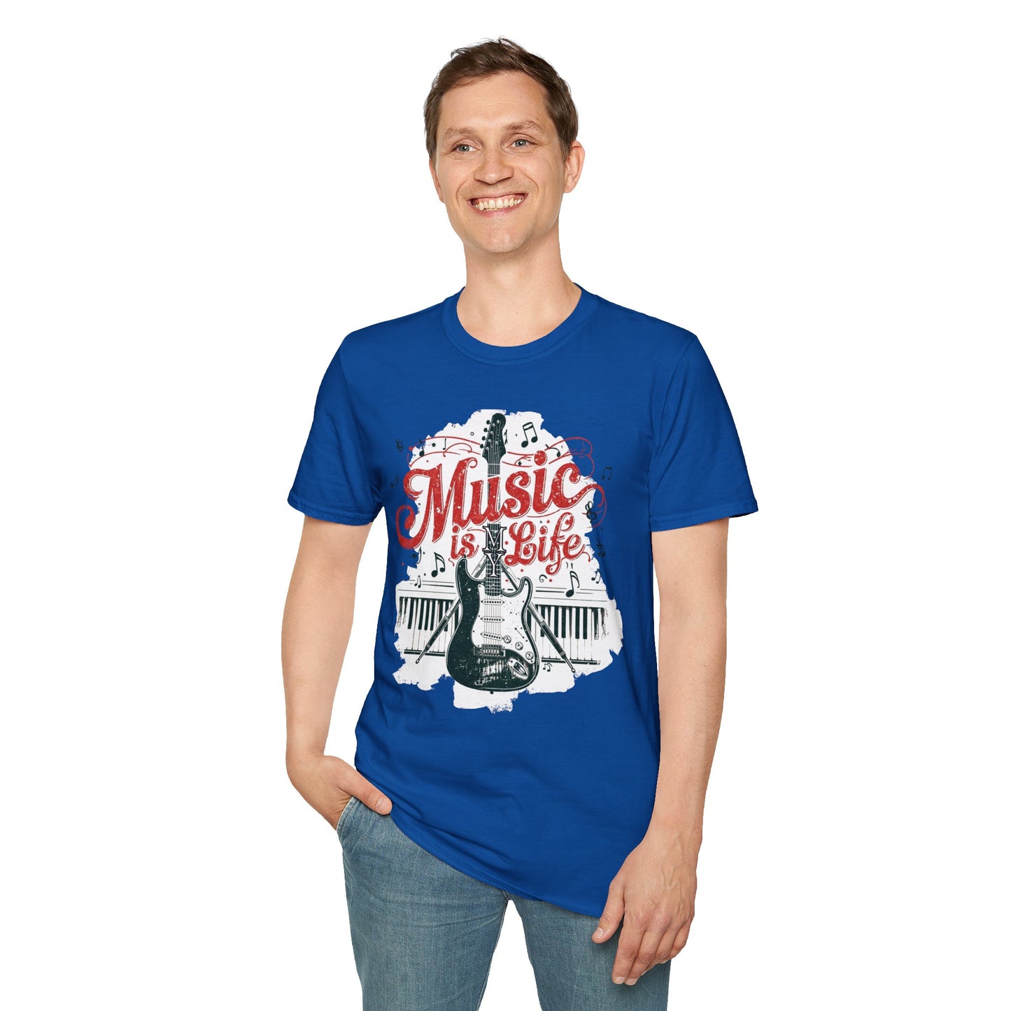 Music Is My Life Guitar T‑Shirt — Vintage Electric Guitar & Piano Music Tee