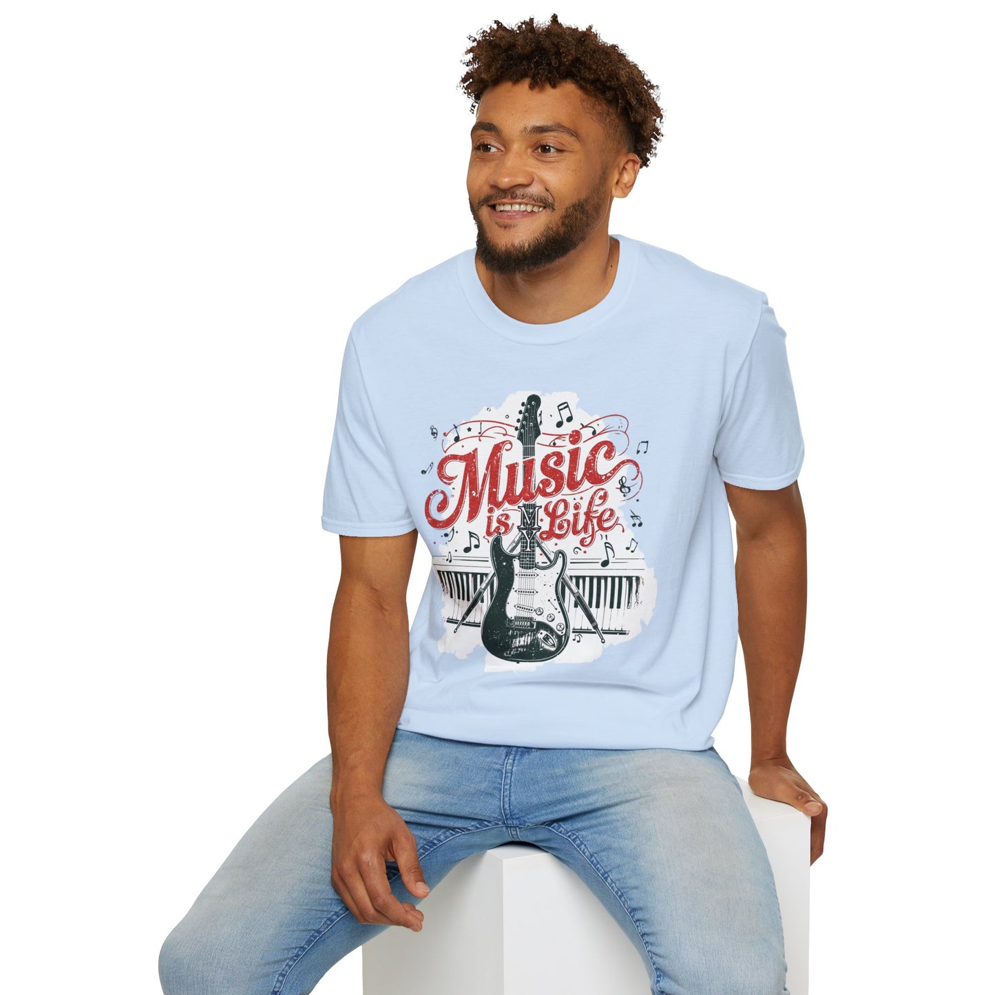 Music Is My Life Guitar T‑Shirt — Vintage Electric Guitar & Piano Music Tee