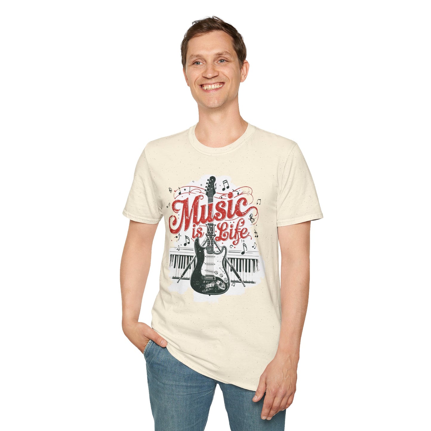 Music Is My Life Guitar T‑Shirt — Vintage Electric Guitar & Piano Music Tee
