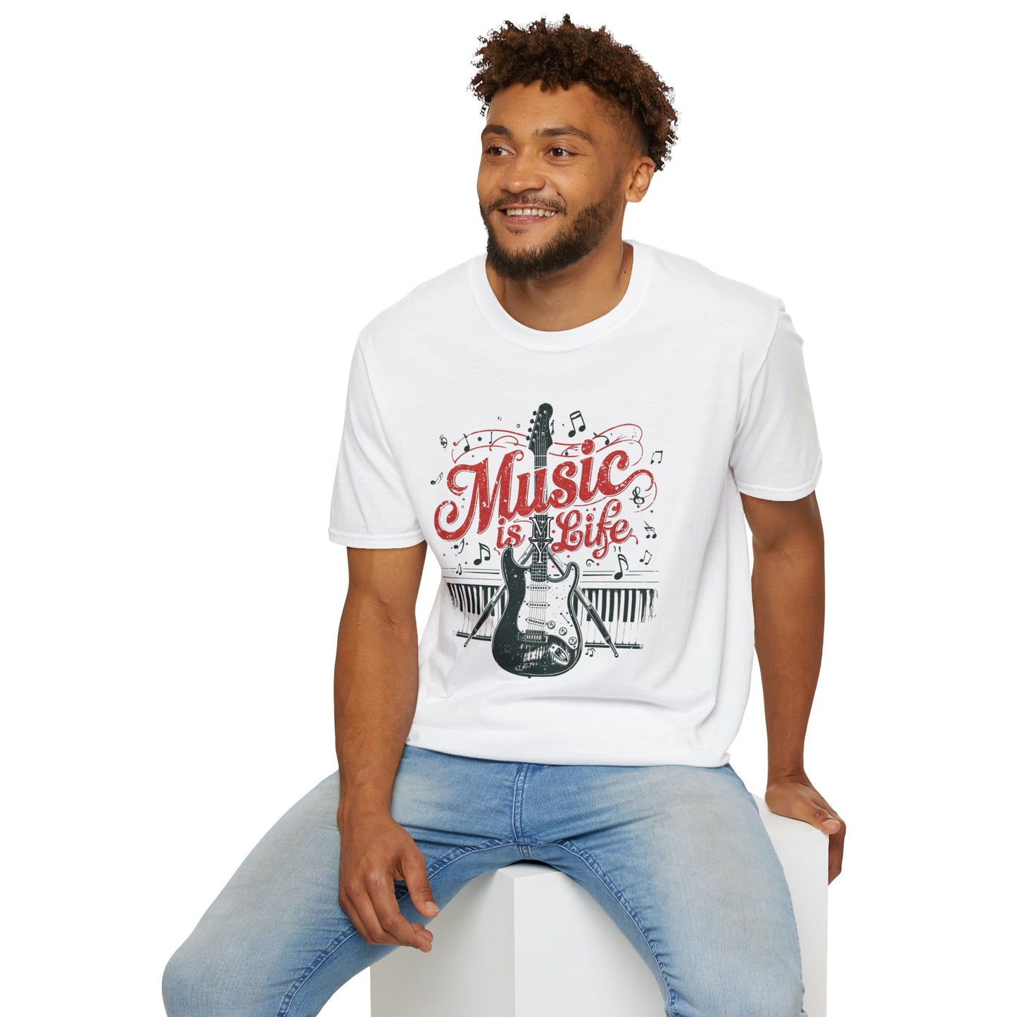 Music Is My Life Guitar T‑Shirt — Vintage Electric Guitar & Piano Music Tee