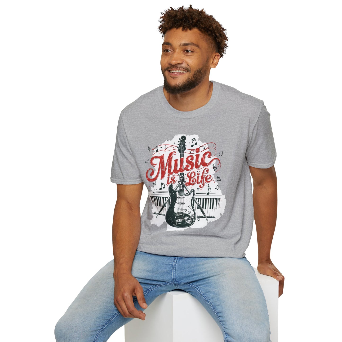 Music Is My Life Guitar T‑Shirt — Vintage Electric Guitar & Piano Music Tee