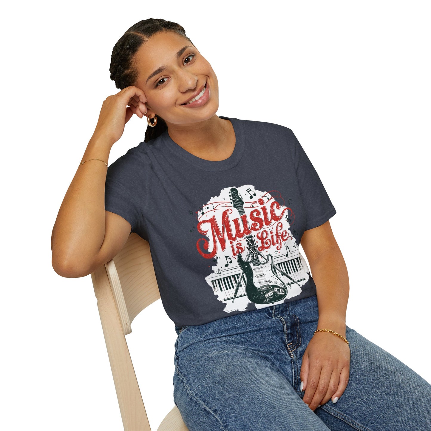 Music Is My Life Guitar T‑Shirt — Vintage Electric Guitar & Piano Music Tee