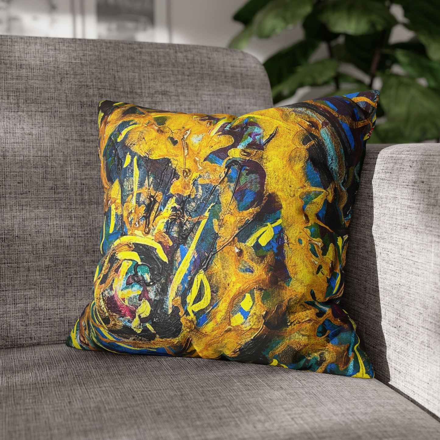 Abstract Swirl Decorative Pillowcase — Vibrant Yellow Blue Art Throw Pillow Cover