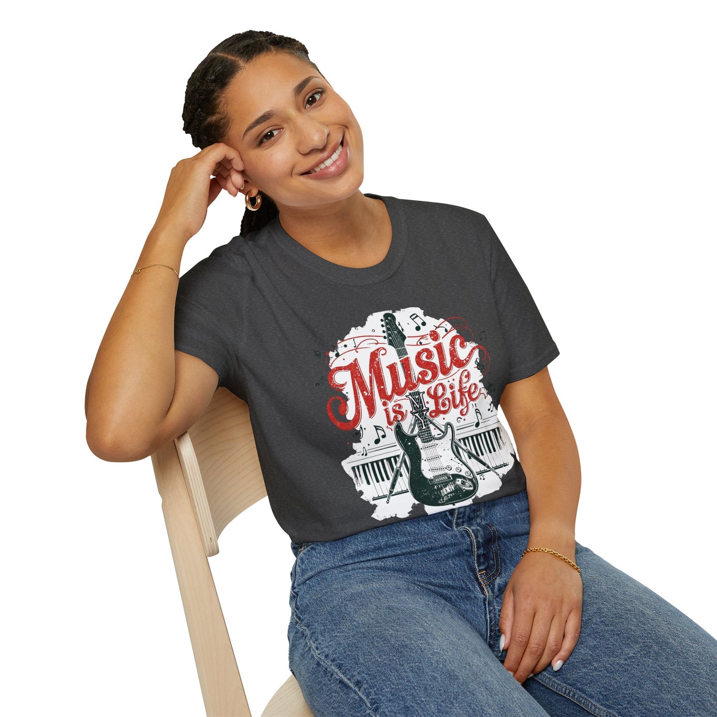 Music Is My Life Guitar T‑Shirt — Vintage Electric Guitar & Piano Music Tee