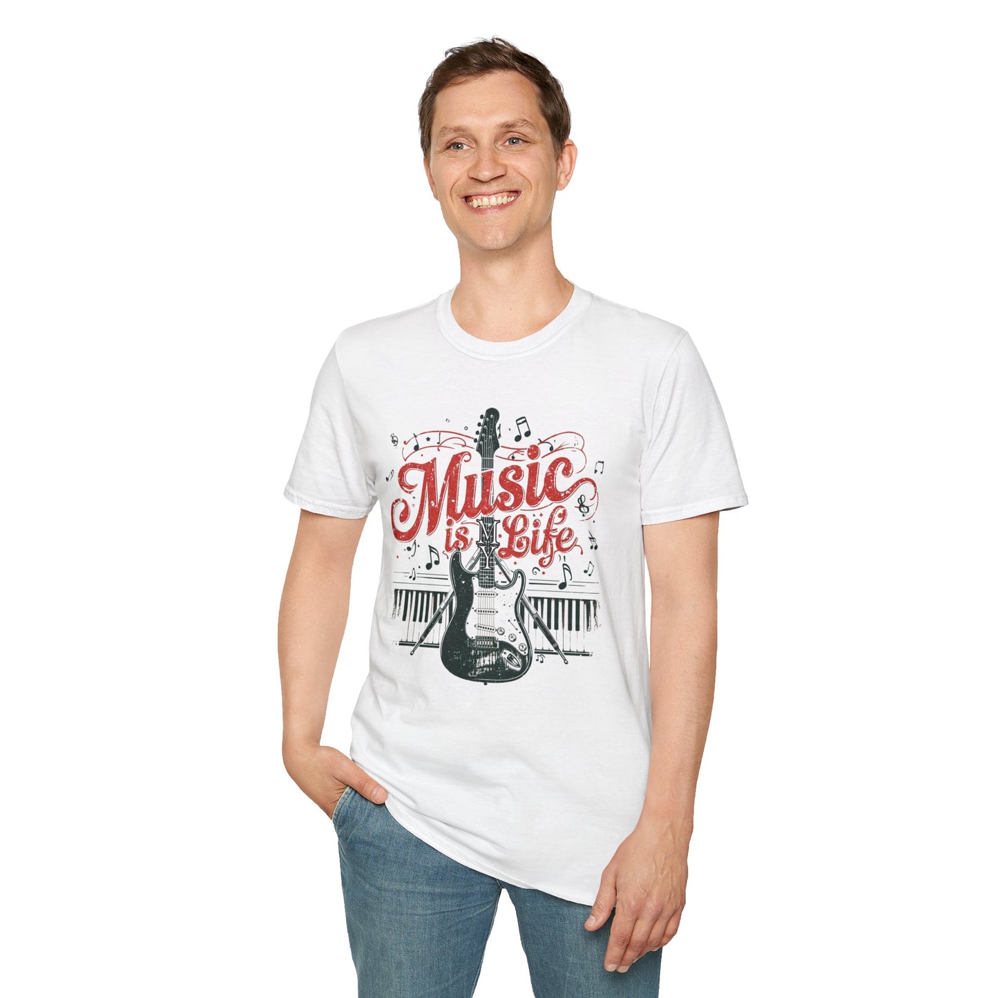 Music Is My Life Guitar T‑Shirt — Vintage Electric Guitar & Piano Music Tee