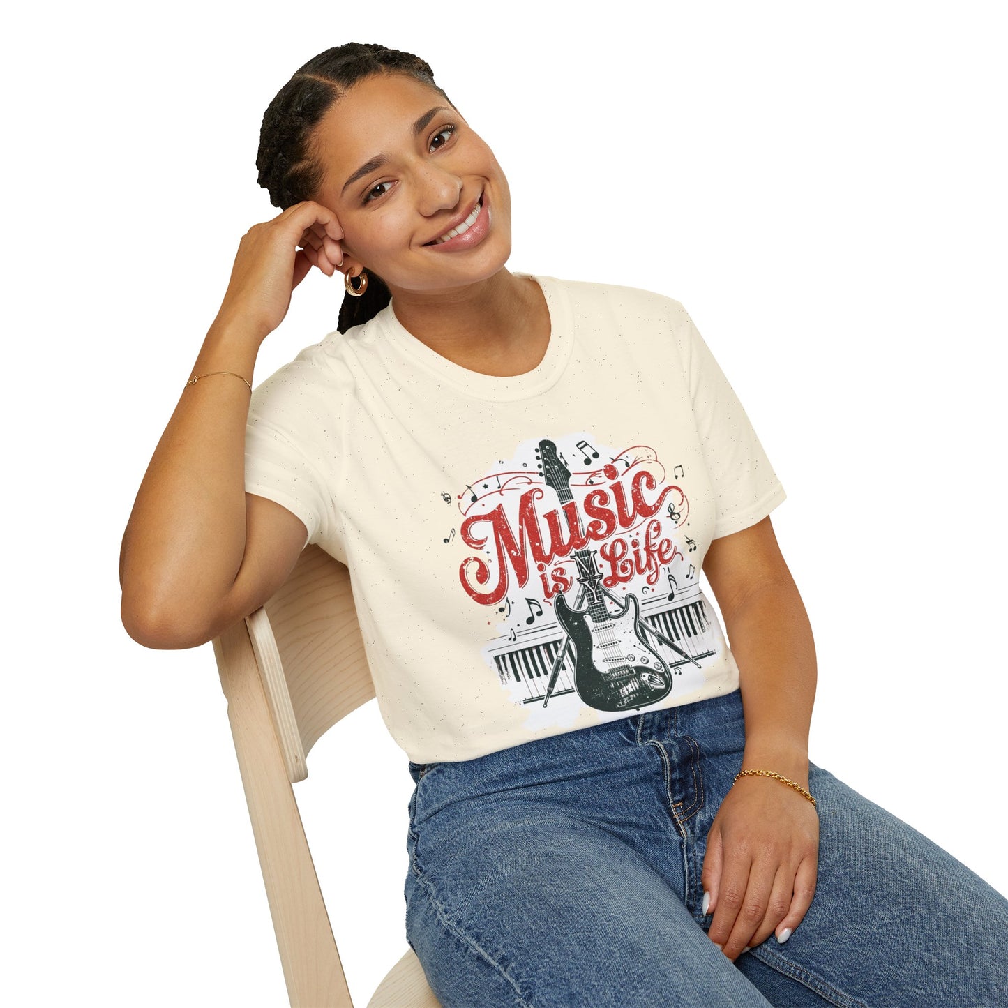 Music Is My Life Guitar T‑Shirt — Vintage Electric Guitar & Piano Music Tee