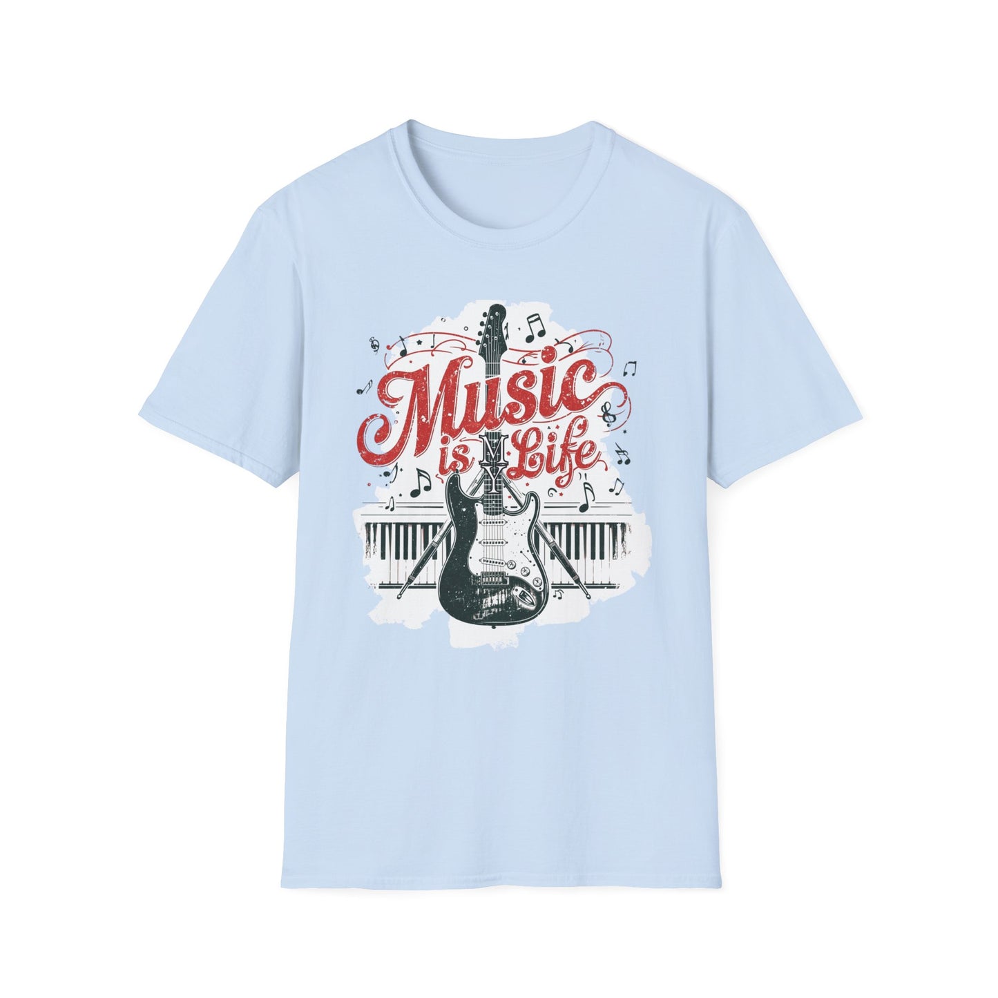 Music Is My Life Guitar T‑Shirt — Vintage Electric Guitar & Piano Music Tee