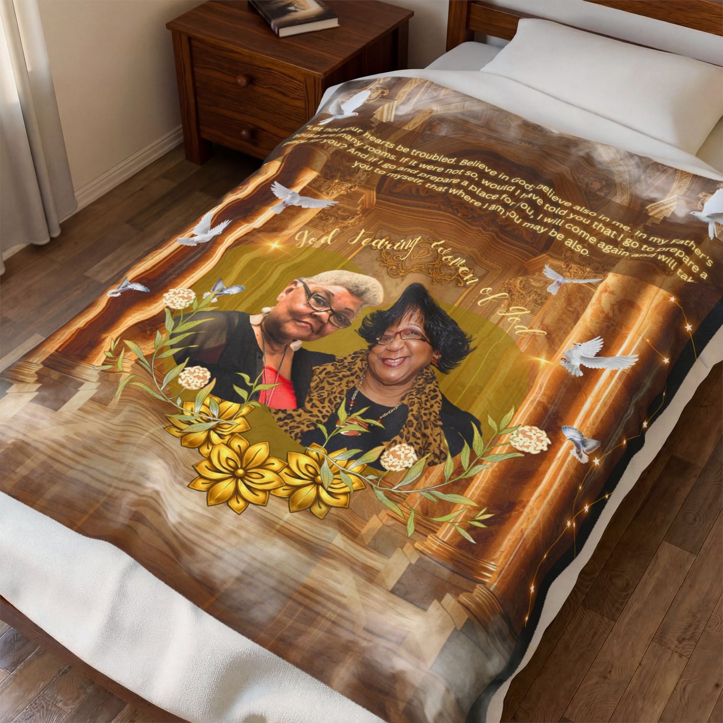 Memorial Photo Velveteen Blanket — Personalized Tribute Throw with Doves & Scripture