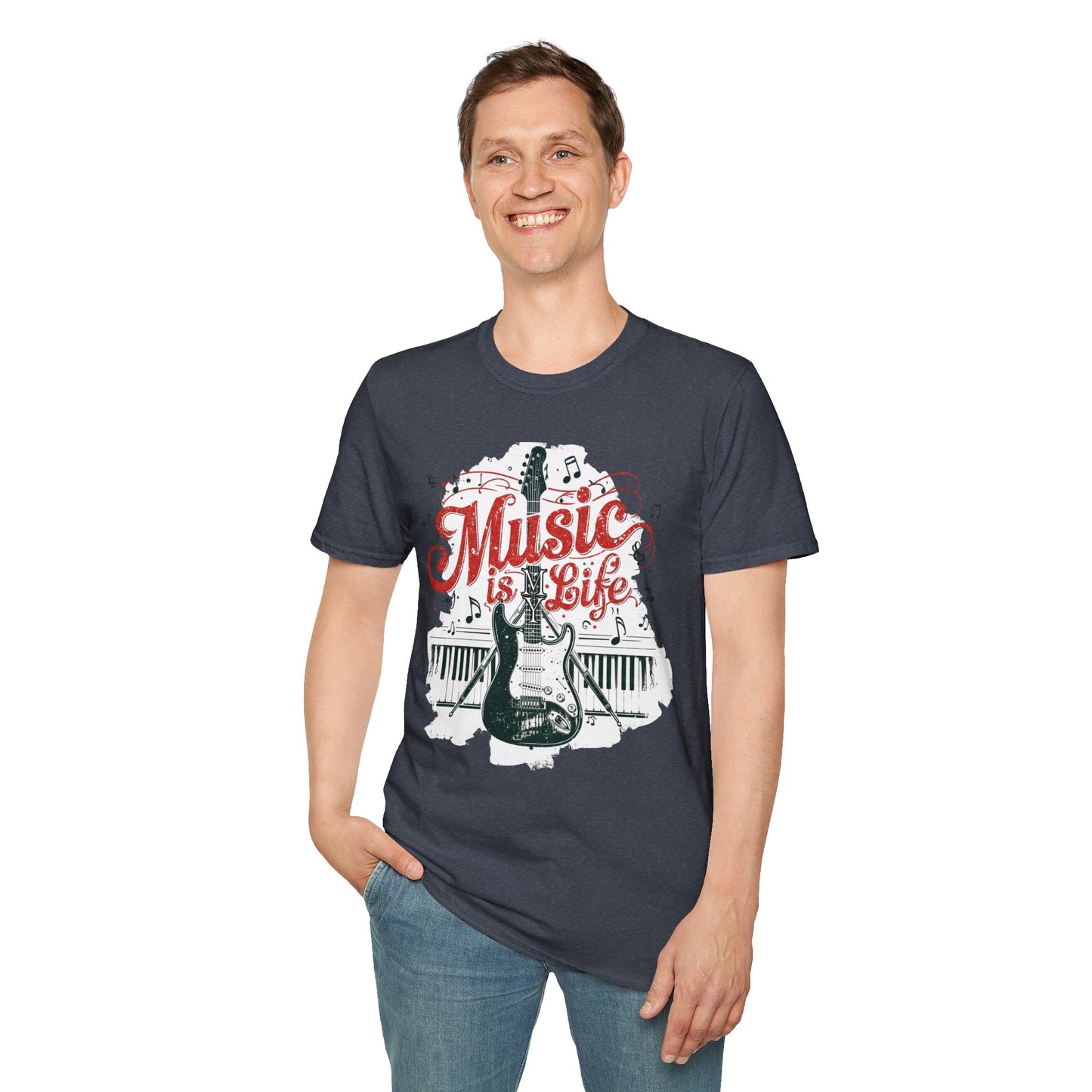 Music Is My Life Guitar T‑Shirt — Vintage Electric Guitar & Piano Music Tee