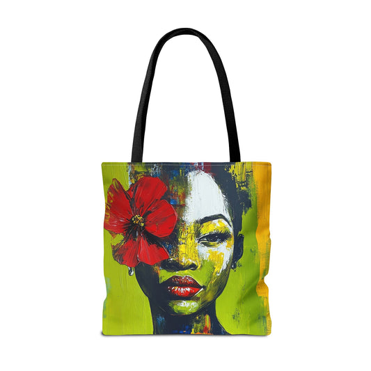 Artistic Floral Face Tote Bag – Bold Abstract Portrait with Red Flower
