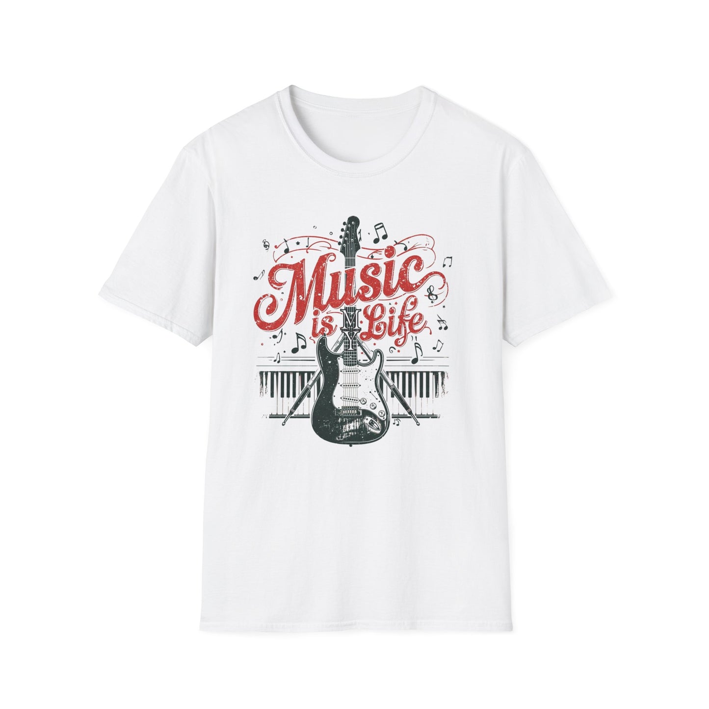 Music Is My Life Guitar T‑Shirt — Vintage Electric Guitar & Piano Music Tee