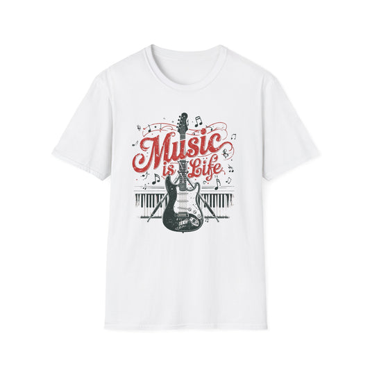 Music Is My Life Guitar T‑Shirt — Vintage Electric Guitar & Piano Music Tee